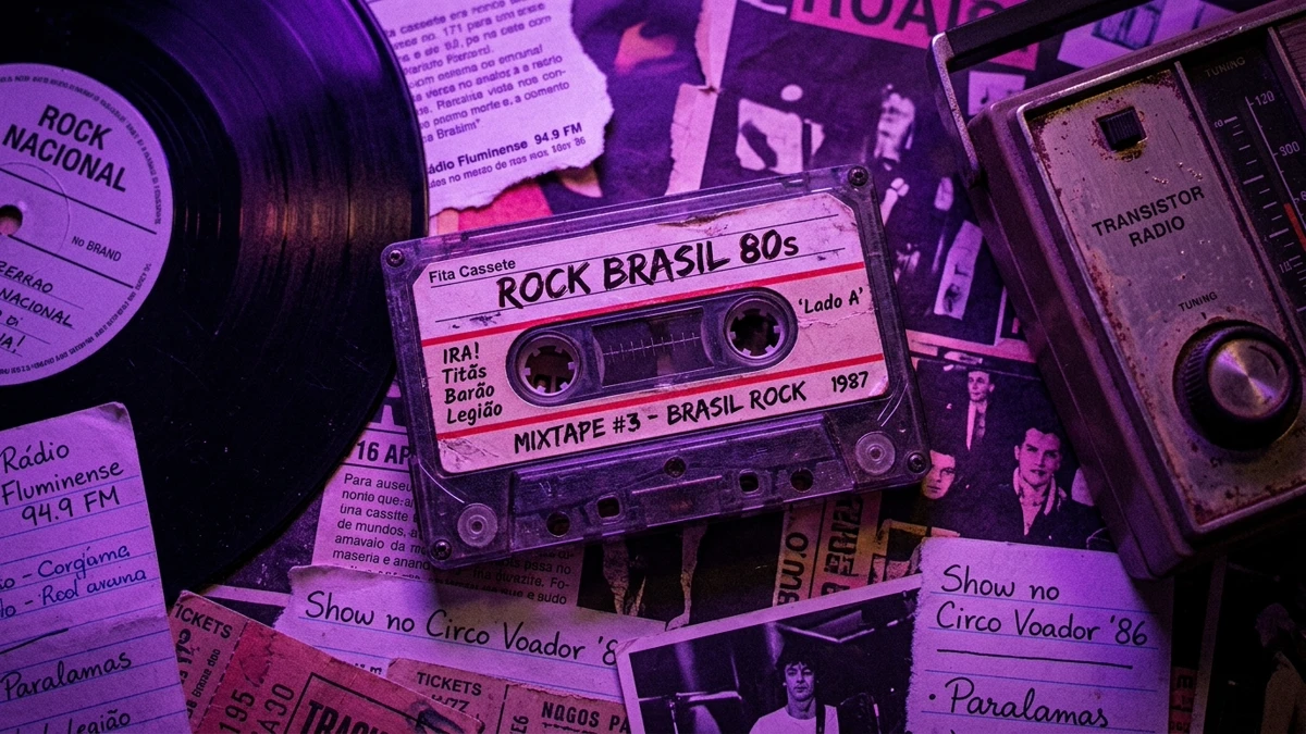 Colagem nostálgica de vinil, rádio antigo e fita cassete em tons roxos evocando o rock nacional dos anos 80