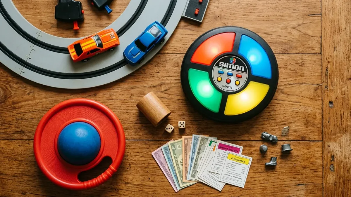 Composição nostálgica com brinquedos dos anos 80 e 90 como Autorama, Pogobol, Genius e Banco Imobiliário em cores quentes