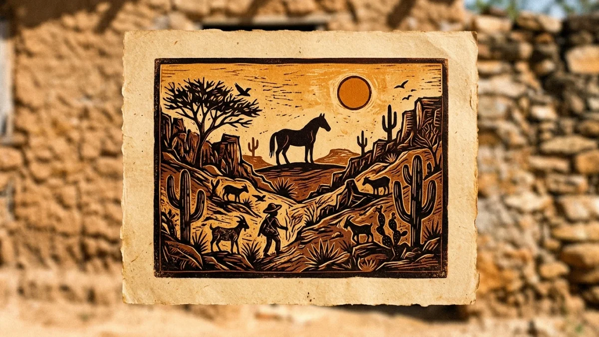 Ilustração artística em tons terrosos evocando o sertão nordestino, com elementos de cordel, xilogravura e um cavalo estilizado ao fundo