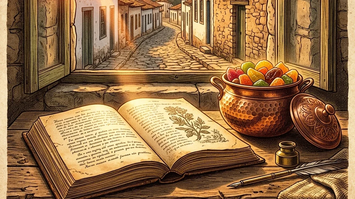 Ilustração suave evocando uma rua de pedra do interior de Goiás ao entardecer, com janelas coloniais e um livro aberto em primeiro plano