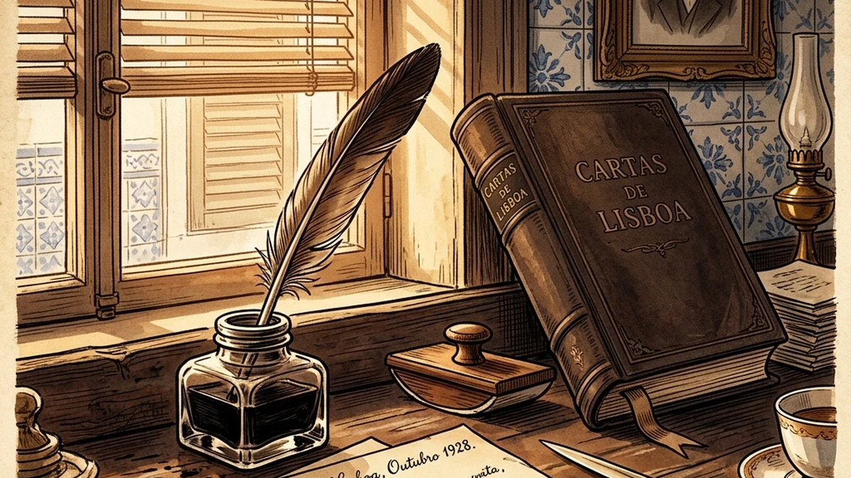 Ilustração em tons sépia com livros de poesia, pena e tinteiro sobre mesa e textos manuscritos ao fundo evocando a literatura portuguesa