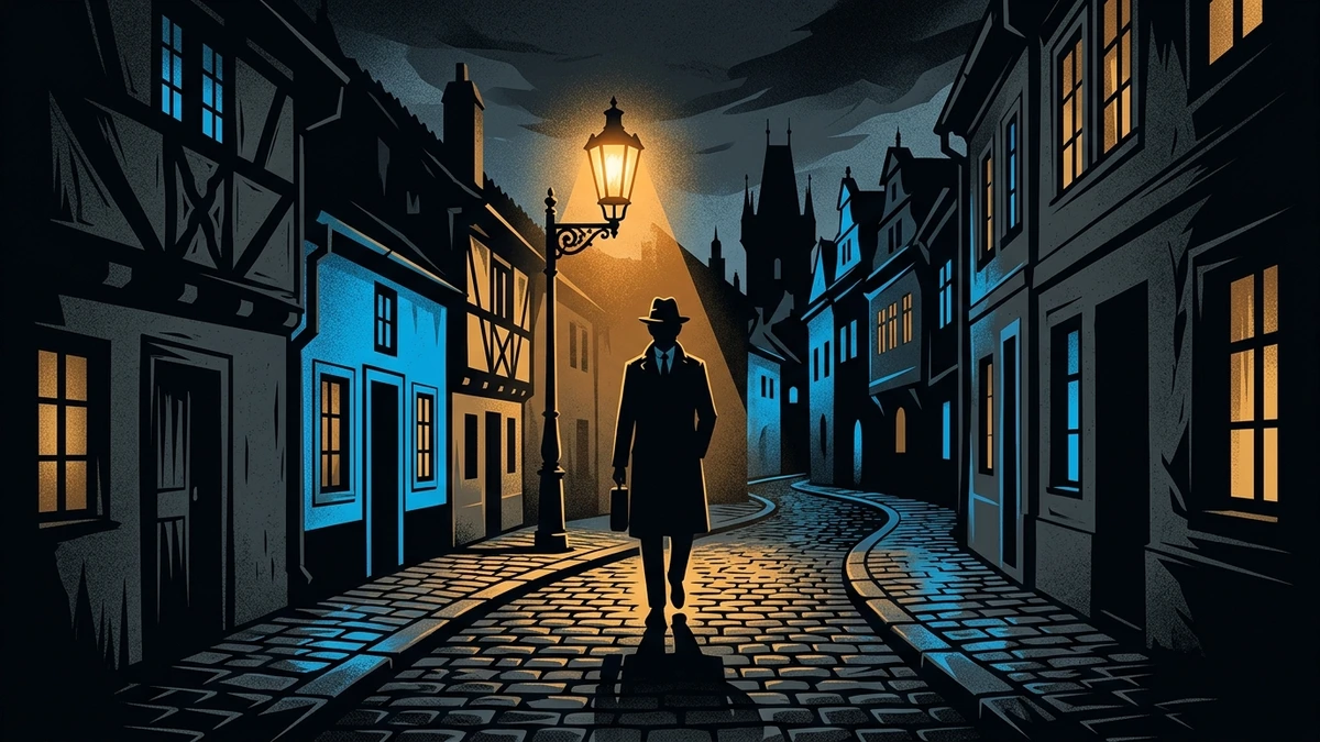 Ilustração sombria e misteriosa de Franz Kafka caminhando pelas ruas de Praga em tons de cinza e azul