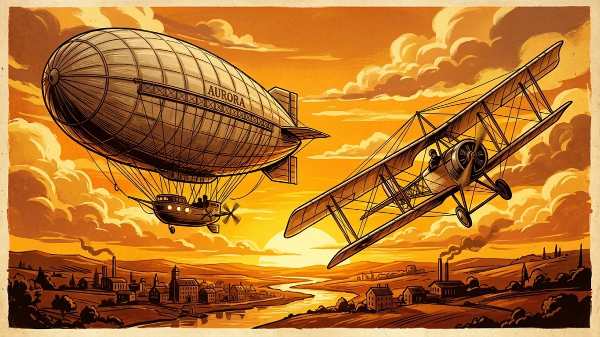 Ilustração de um dirigível e um biplano do início do século 20 sobrevoando o céu ao entardecer, em tons sépia