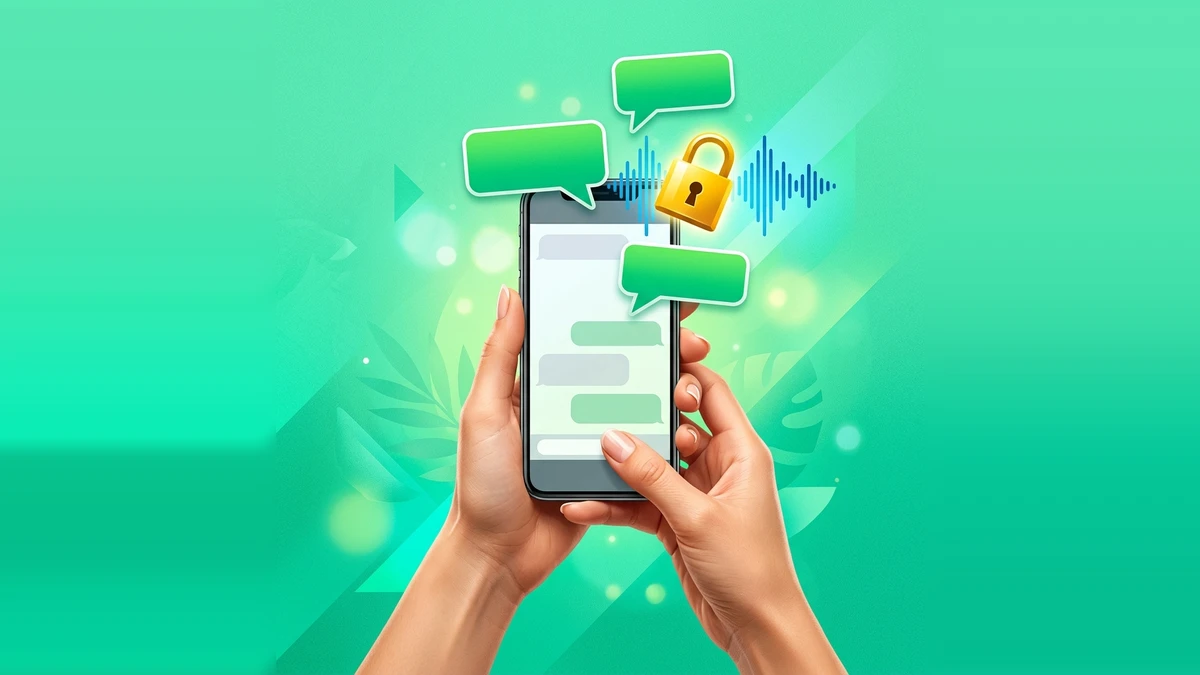 Smartphone sobre mesa de madeira exibindo balões de conversa estilizados em verde, em estilo ilustração editorial