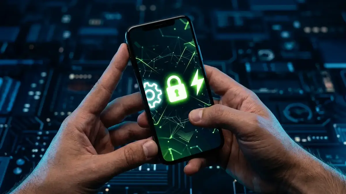 Tela de smartphone Android com ícones de configurações e engrenagens em fundo azul escuro tecnológico