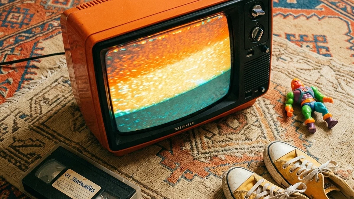 Televisão de tubo antiga com tela levemente curvada, exibindo cores vibrantes dos programas infantis dos anos 80, sobre um tapete de sala com brinquedos da época ao redor
