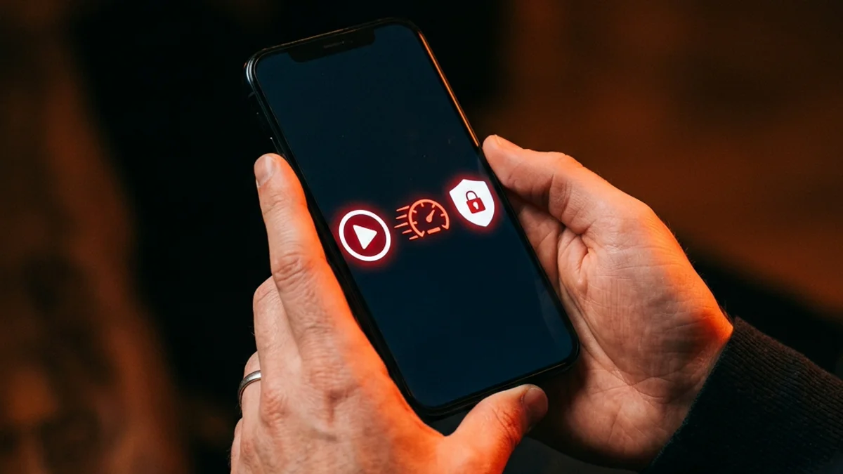 Tela de smartphone exibindo o aplicativo YouTube com ícones de configurações e gestos ao redor, sobre fundo escuro com destaque em vermelho