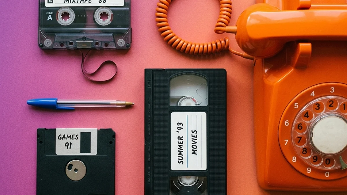 Composição nostálgica com fita cassete, disquete, videocassete e telefone de disco em cores quentes anos 80