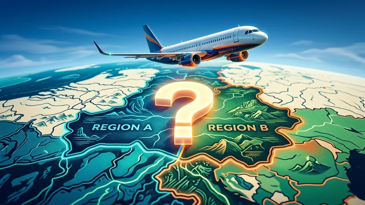 Ilustração de um avião sobrevoando uma fronteira com um ponto de interrogação gigante em destaque sobre um mapa