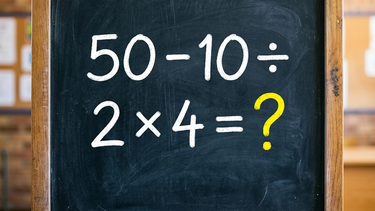 Lousa escura com a expressão matemática 50 − 10 ÷ 2 × 4 escrita em giz e um ponto de interrogação colorido
