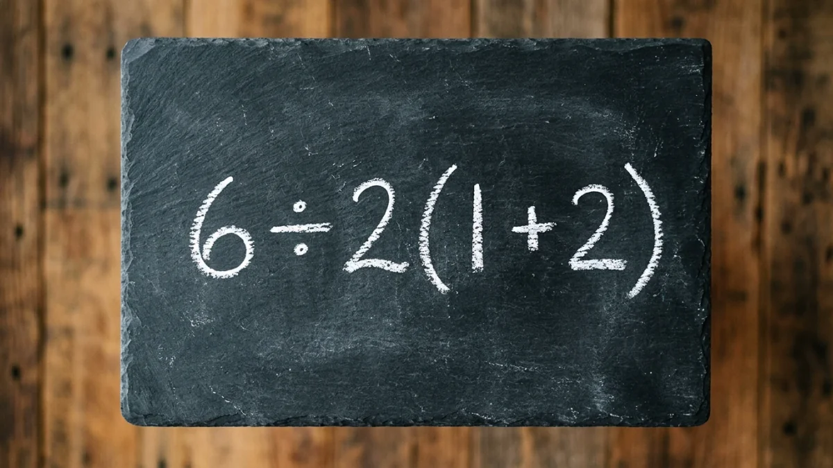 Lousa escura com a expressão matemática 6 dividido por 2 vezes o parêntese 1 mais 2, escrita em giz branco